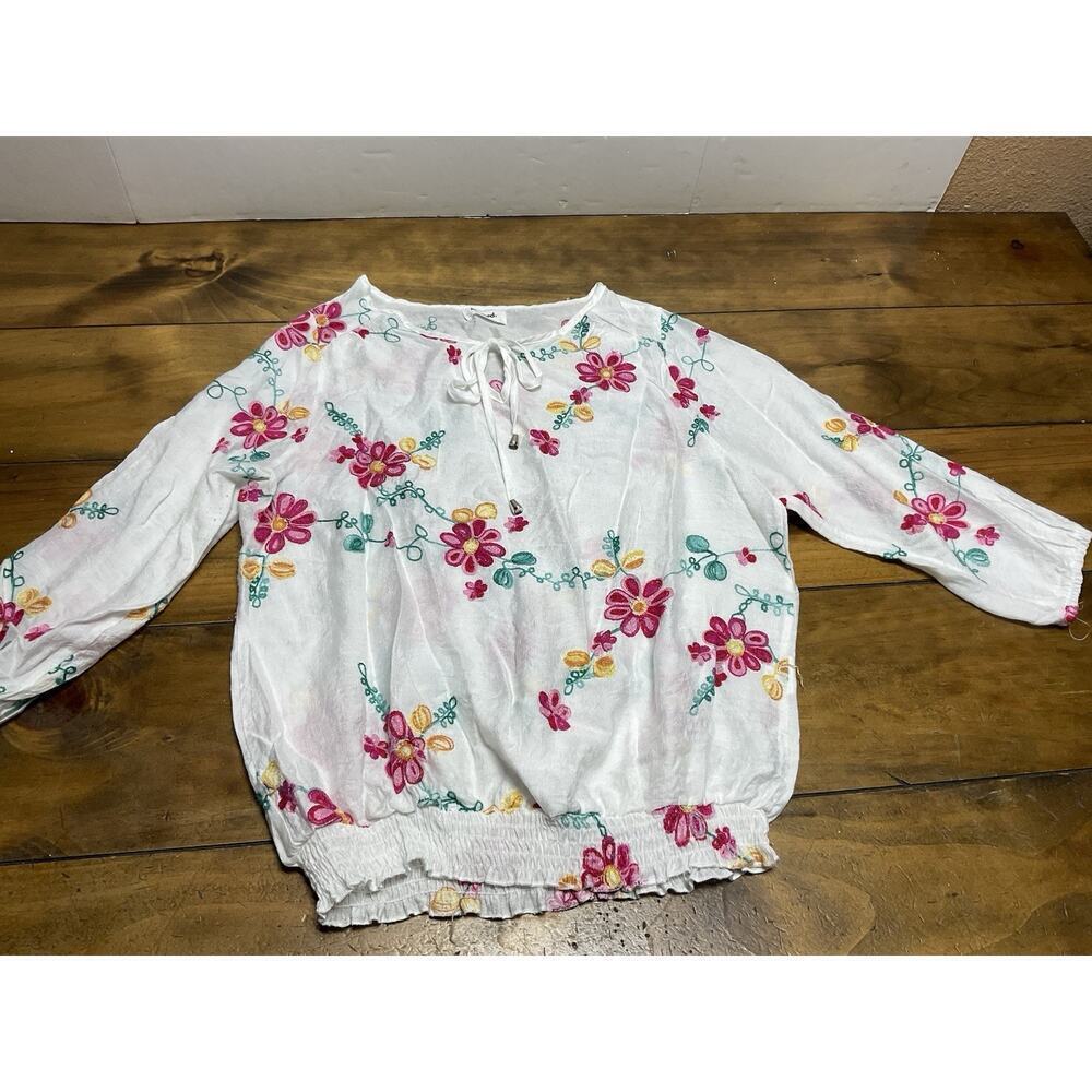 Kindred Anthropologie Women Top Large Pink White Floral Peasant Boho Cottagecore
